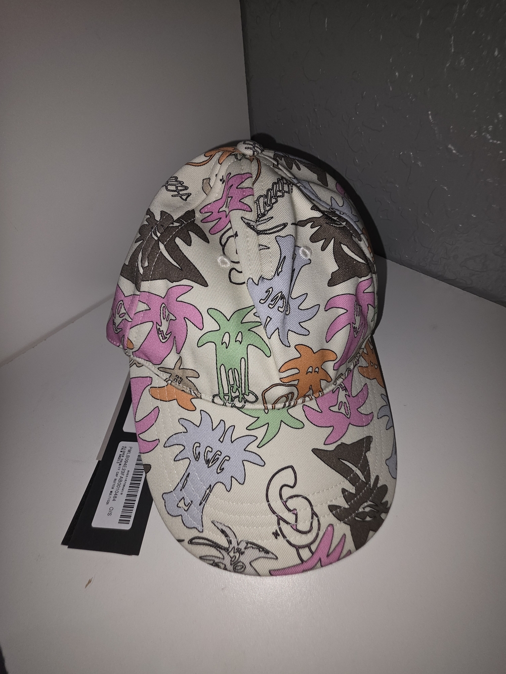 Palm Angels Cream Cap with Pink, Green & Brown Palm Print